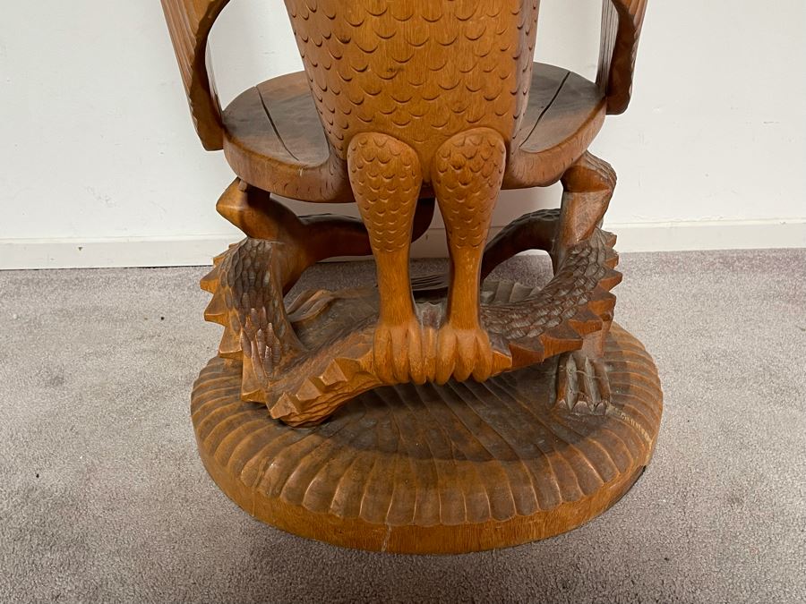 Carved Solid Tree Trunk Wooden Chair Of Eagle With Serpent In Its Talons See Photos For Several Blemishes 25W X 39H [Photo 14]