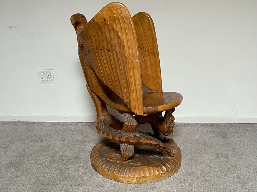 Carved Solid Tree Trunk Wooden Chair Of Eagle With Serpent In Its Talons See Photos For Several Blemishes 25W X 39H [Photo 6]