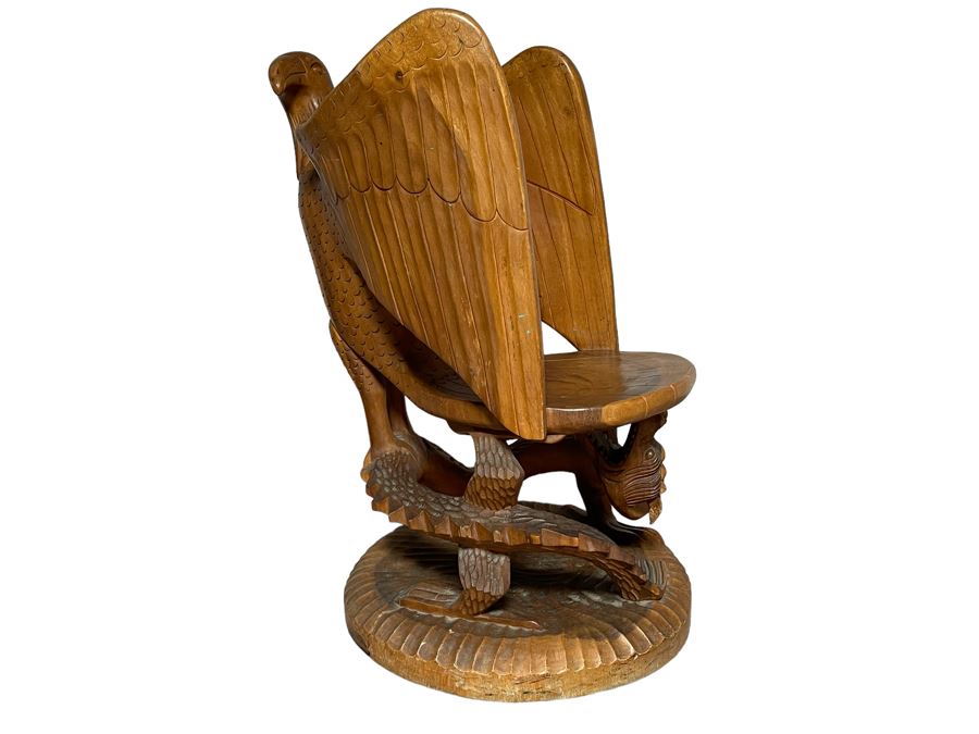 Carved Solid Tree Trunk Wooden Chair Of Eagle With Serpent In Its Talons See Photos For Several Blemishes 25W X 39H [Photo 3]