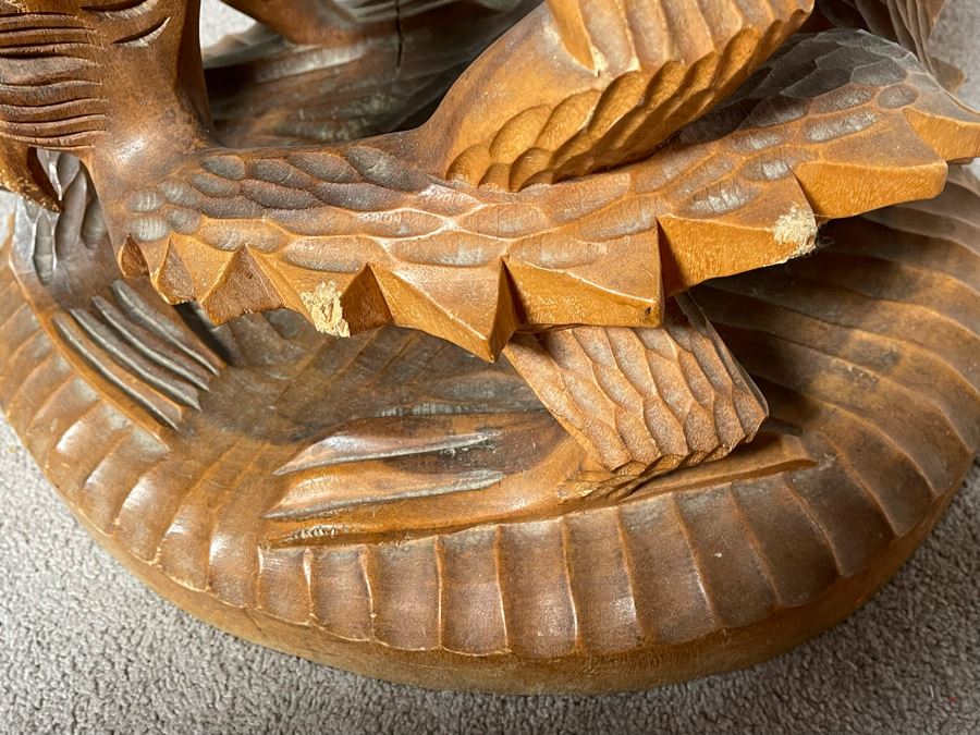 Carved Solid Tree Trunk Wooden Chair Of Eagle With Serpent In Its Talons See Photos For Several Blemishes 25W X 39H [Photo 18]