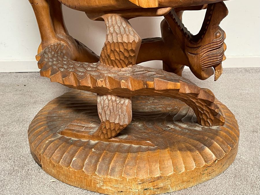 Carved Solid Tree Trunk Wooden Chair Of Eagle With Serpent In Its Talons See Photos For Several Blemishes 25W X 39H [Photo 8]