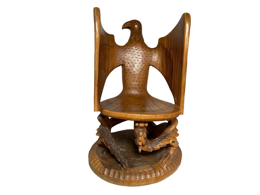 Carved Solid Tree Trunk Wooden Chair Of Eagle With Serpent In Its Talons See Photos For Several Blemishes 25W X 39H [Photo 2]