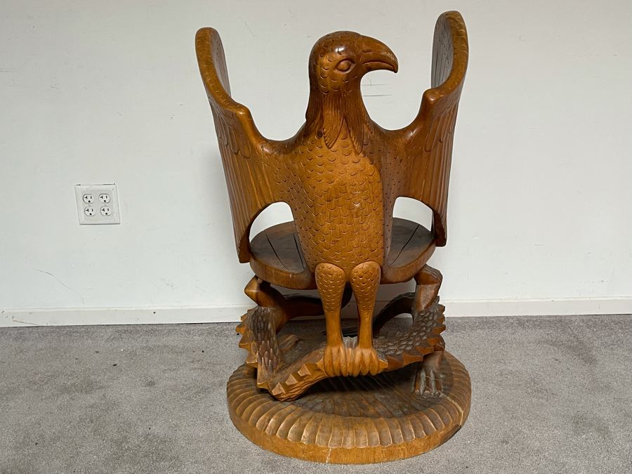 Carved Solid Tree Trunk Wooden Chair Of Eagle With Serpent In Its Talons See Photos For Several Blemishes 25W X 39H [Photo 11]