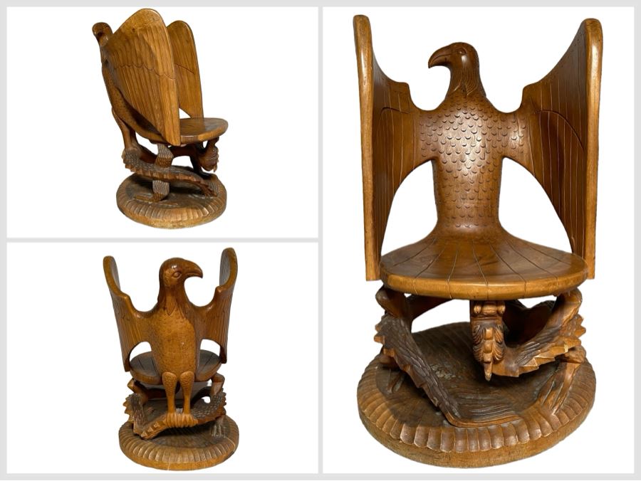 Carved Solid Tree Trunk Wooden Chair Of Eagle With Serpent In Its Talons See Photos For Several Blemishes 25W X 39H [Photo 1]