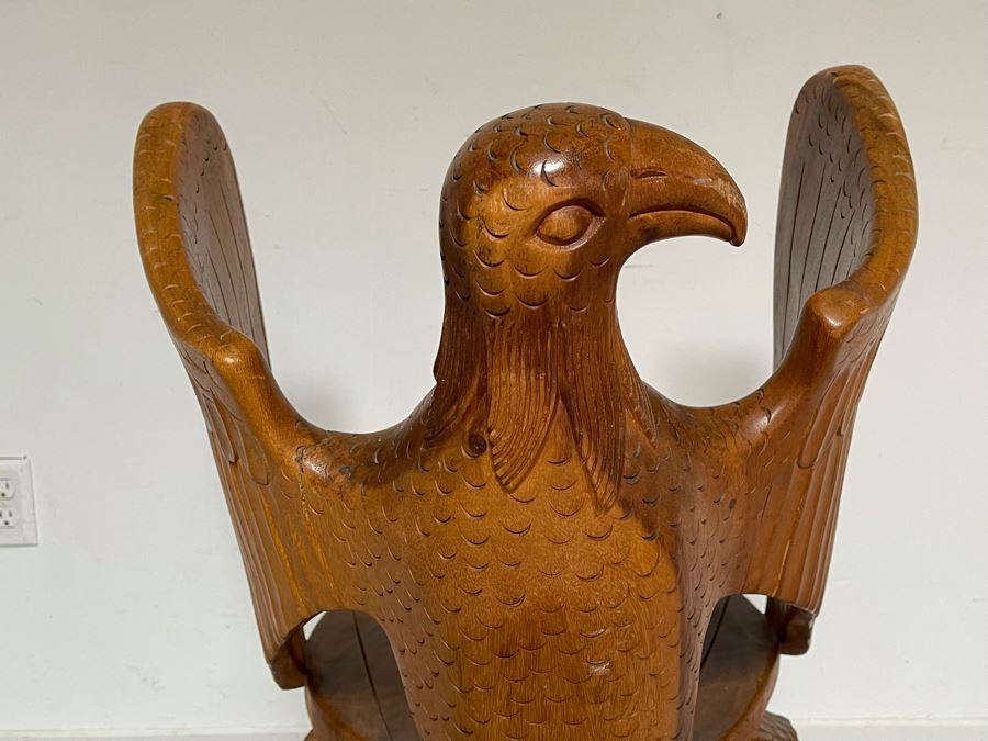 Carved Solid Tree Trunk Wooden Chair Of Eagle With Serpent In Its Talons See Photos For Several Blemishes 25W X 39H [Photo 13]