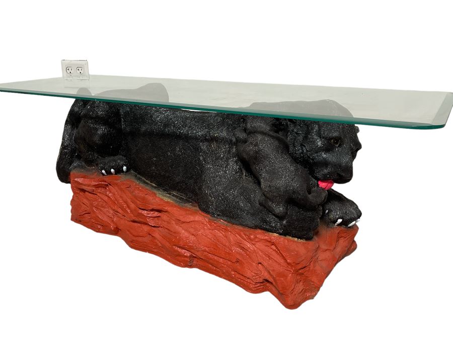 Unique Black Panther Jaguar With Cub Resin Base Coffee Table With Glass Top 50W X 18D X 16H [Photo 1]