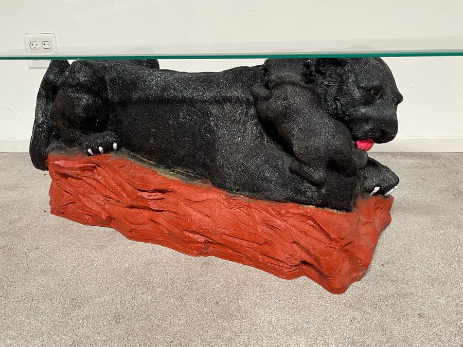 Unique Black Panther Jaguar With Cub Resin Base Coffee Table With Glass Top 50W X 18D X 16H [Photo 6]