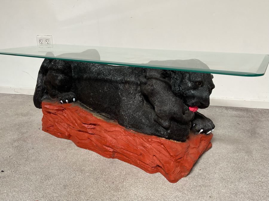 Unique Black Panther Jaguar With Cub Resin Base Coffee Table With Glass Top 50W X 18D X 16H [Photo 7]