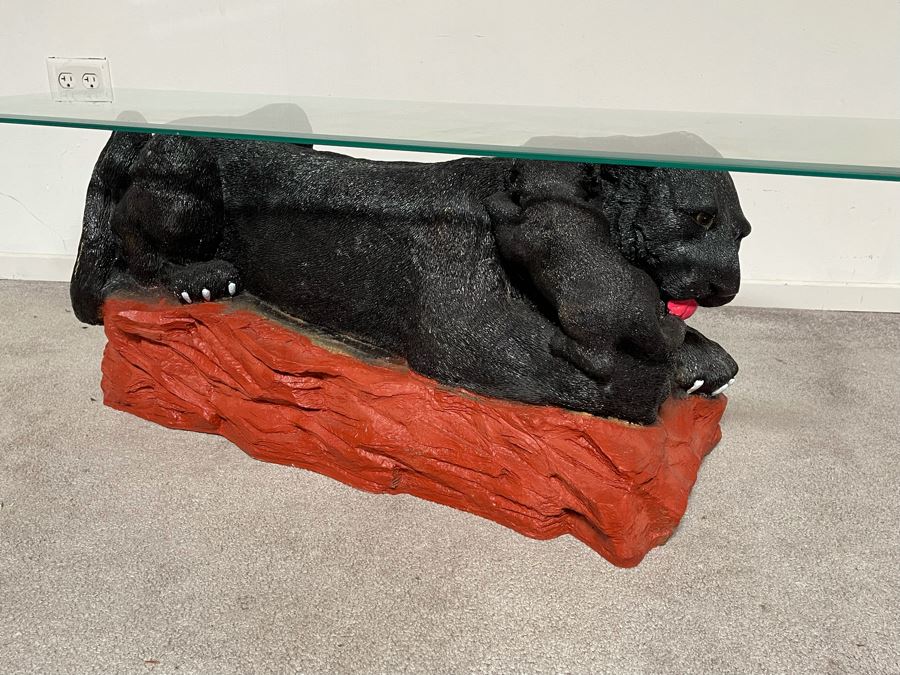Unique Black Panther Jaguar With Cub Resin Base Coffee Table With Glass Top 50W X 18D X 16H [Photo 4]