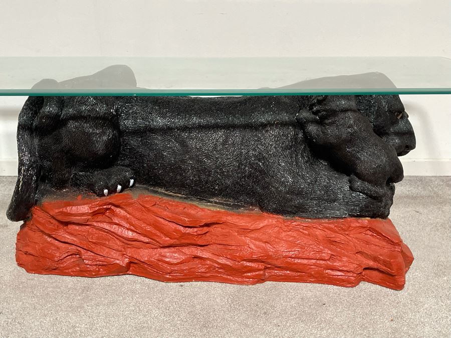 Unique Black Panther Jaguar With Cub Resin Base Coffee Table With Glass Top 50W X 18D X 16H [Photo 17]