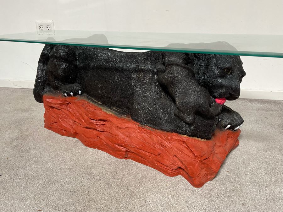 Unique Black Panther Jaguar With Cub Resin Base Coffee Table With Glass Top 50W X 18D X 16H [Photo 8]