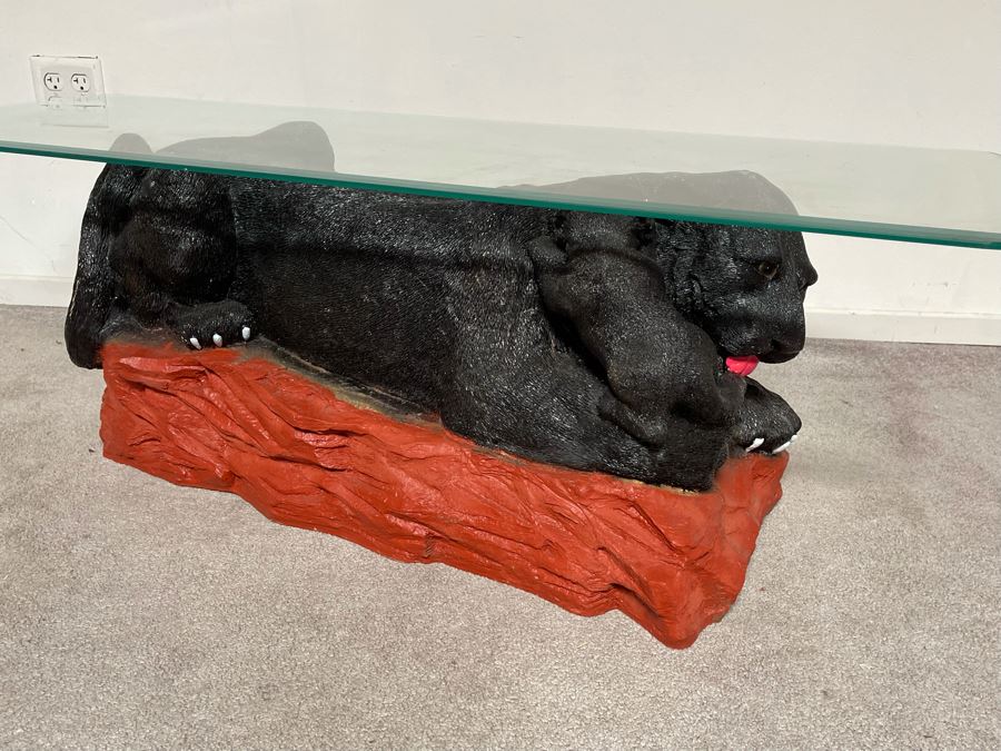 Unique Black Panther Jaguar With Cub Resin Base Coffee Table With Glass Top 50W X 18D X 16H [Photo 5]