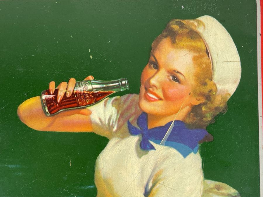 Vintage 1940 Coca-Cola Metal Litho Serving Tray Featuring A Girl Fishing On A Pier Drinking Coke From The American Art Works Inc 13W X 10.5H [Photo 5]