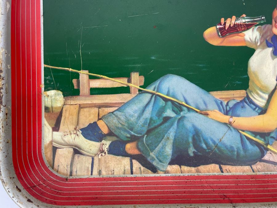 Vintage 1940 Coca-Cola Metal Litho Serving Tray Featuring A Girl Fishing On A Pier Drinking Coke From The American Art Works Inc 13W X 10.5H [Photo 7]