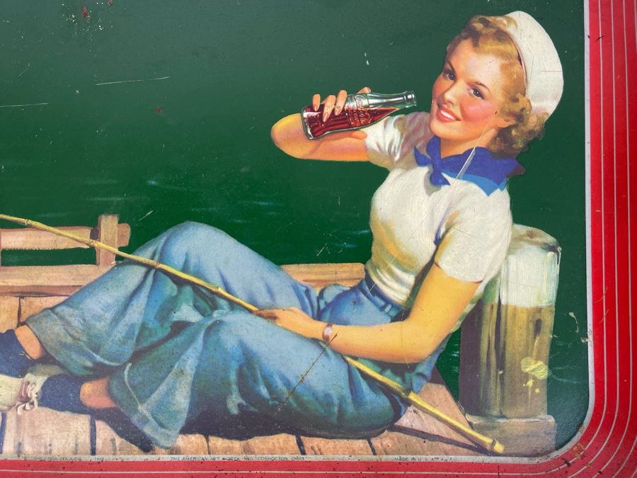 Vintage 1940 Coca-Cola Metal Litho Serving Tray Featuring A Girl Fishing On A Pier Drinking Coke From The American Art Works Inc 13W X 10.5H [Photo 6]