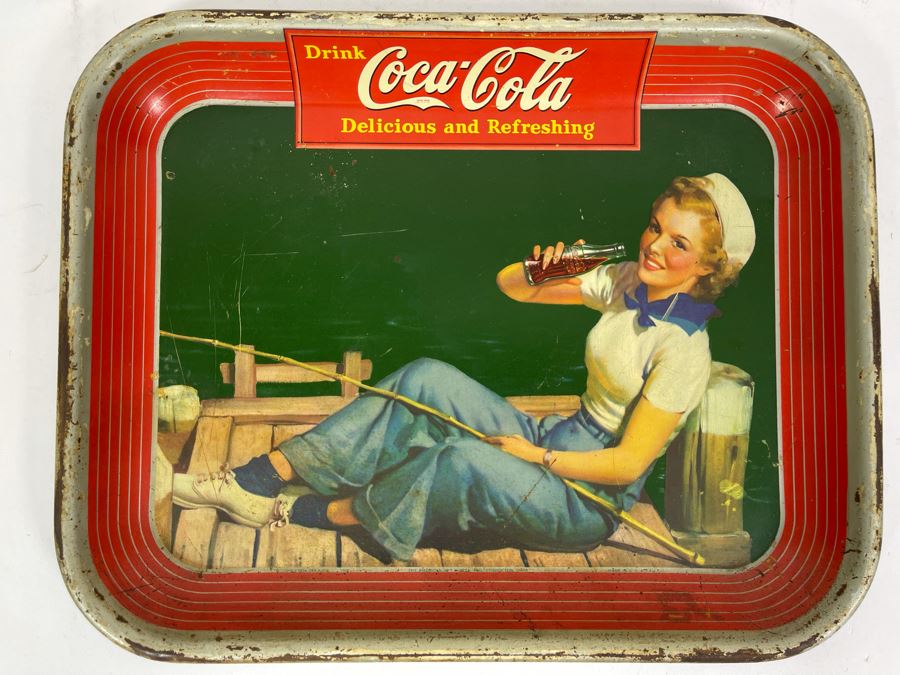Vintage 1940 Coca-Cola Metal Litho Serving Tray Featuring A Girl Fishing On A Pier Drinking Coke From The American Art Works Inc 13W X 10.5H [Photo 3]