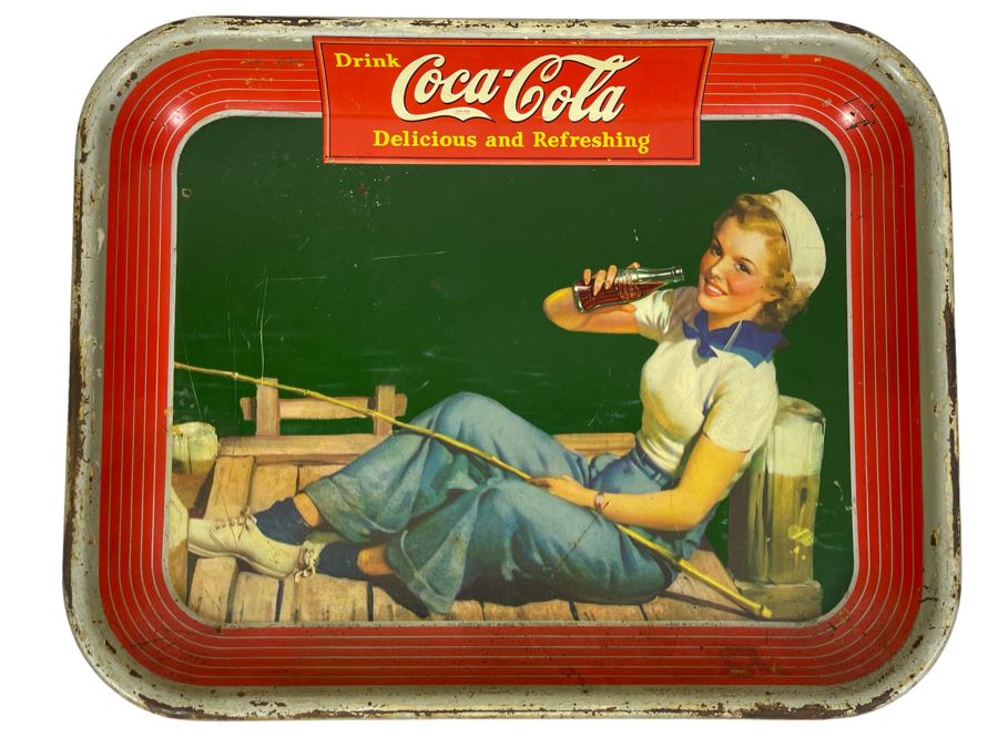 Vintage 1940 Coca-Cola Metal Litho Serving Tray Featuring A Girl Fishing On A Pier Drinking Coke From The American Art Works Inc 13W X 10.5H [Photo 1]
