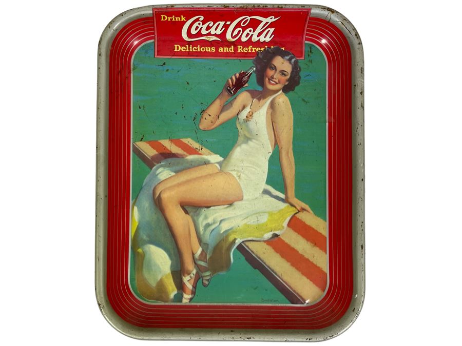 Vintage 1939 Coca-Cola Metal Litho Serving Tray Featuring A Girl Sitting On A Pool Diving Board Drinking Coke From The American Art Works Inc 13W X 10.5H [Photo 1]