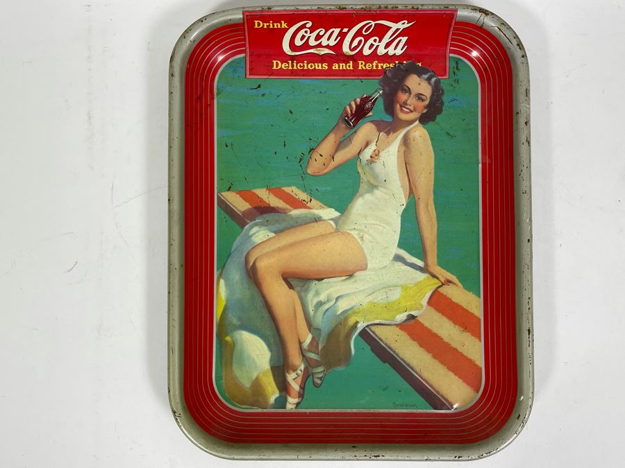 Vintage 1939 Coca-Cola Metal Litho Serving Tray Featuring A Girl Sitting On A Pool Diving Board Drinking Coke From The American Art Works Inc 13W X 10.5H [Photo 3]