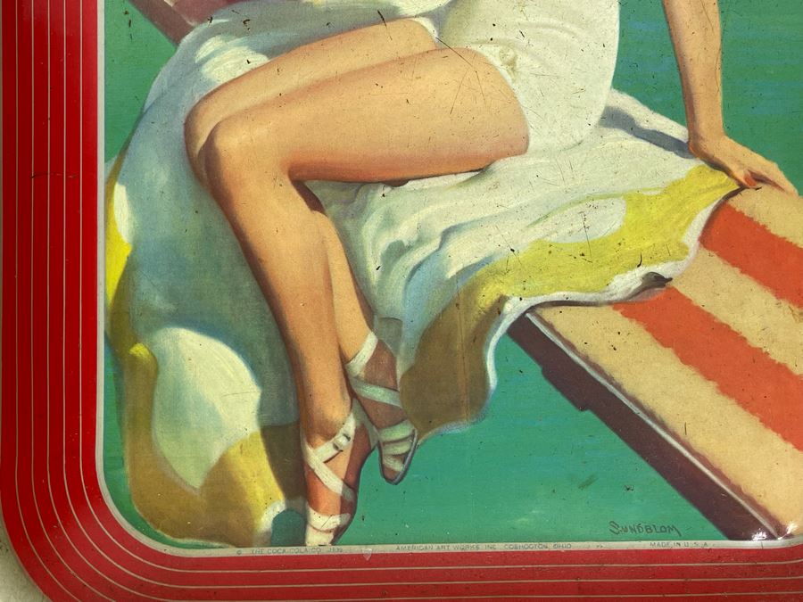 Vintage 1939 Coca-Cola Metal Litho Serving Tray Featuring A Girl Sitting On A Pool Diving Board Drinking Coke From The American Art Works Inc 13W X 10.5H [Photo 7]