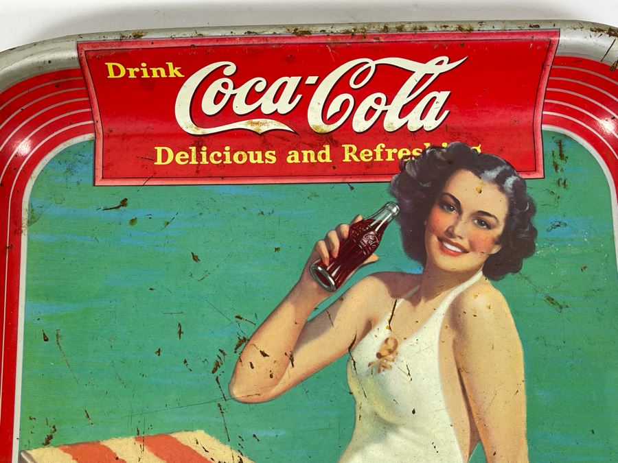 Vintage 1939 Coca-Cola Metal Litho Serving Tray Featuring A Girl Sitting On A Pool Diving Board Drinking Coke From The American Art Works Inc 13W X 10.5H [Photo 4]