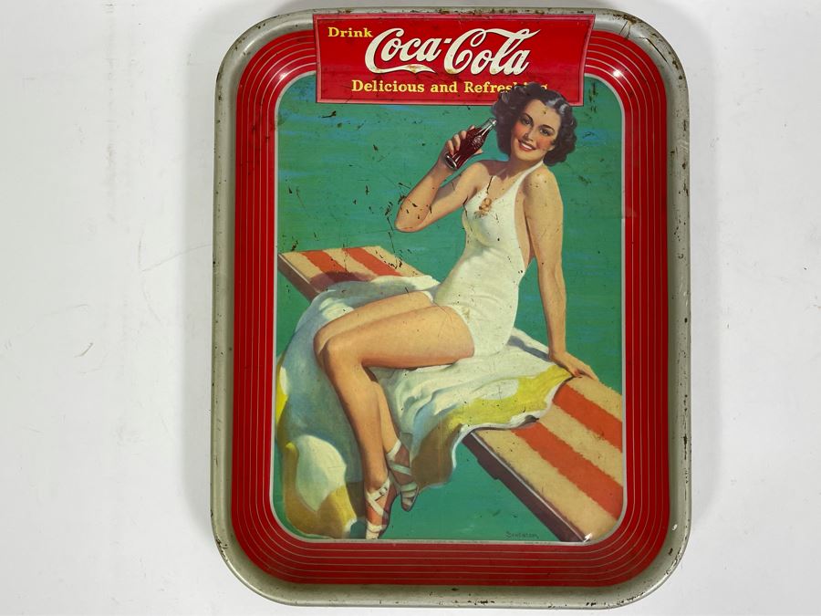 Vintage 1939 Coca-Cola Metal Litho Serving Tray Featuring A Girl Sitting On A Pool Diving Board Drinking Coke From The American Art Works Inc 13W X 10.5H [Photo 2]