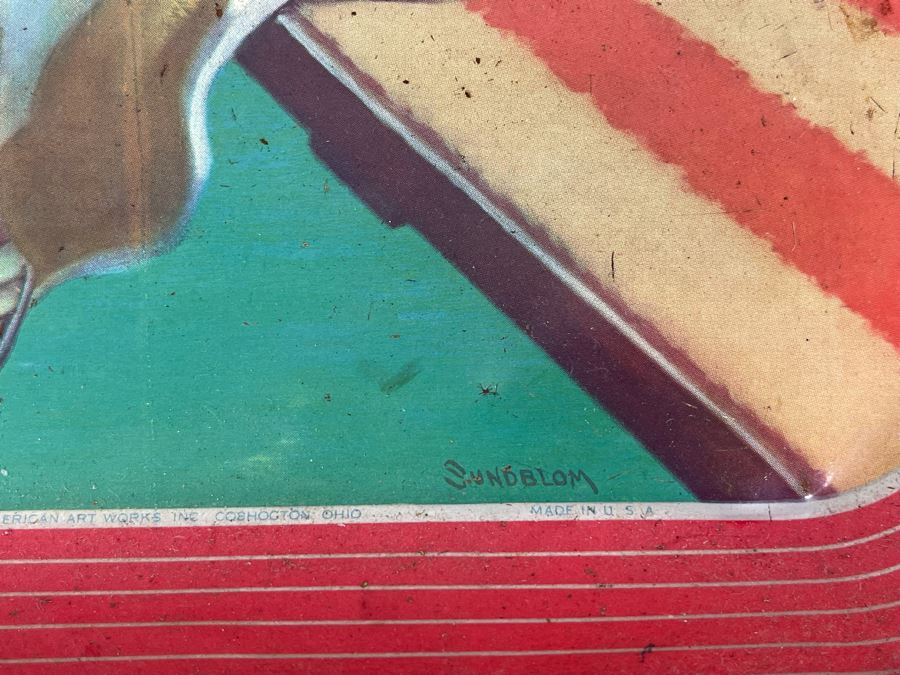 Vintage 1939 Coca-Cola Metal Litho Serving Tray Featuring A Girl Sitting On A Pool Diving Board Drinking Coke From The American Art Works Inc 13W X 10.5H [Photo 8]