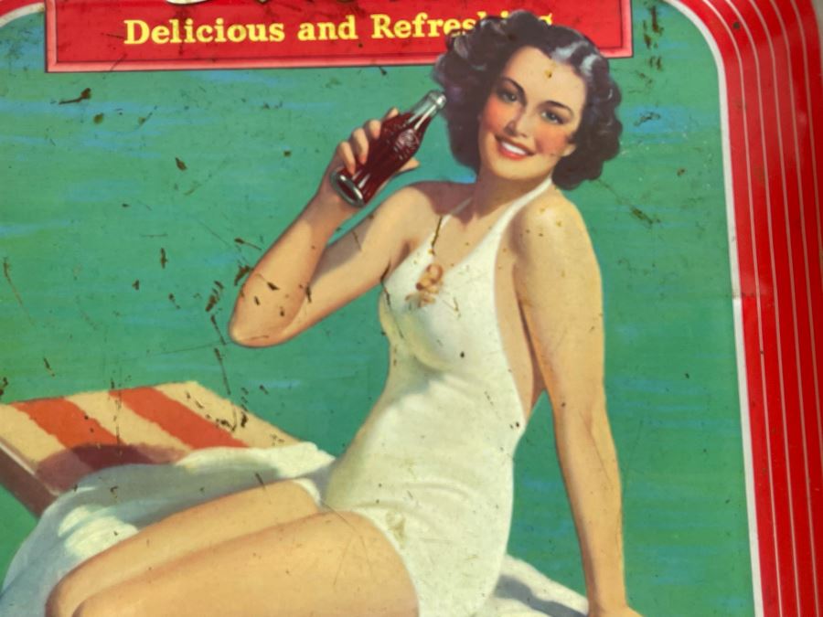 Vintage 1939 Coca-Cola Metal Litho Serving Tray Featuring A Girl Sitting On A Pool Diving Board Drinking Coke From The American Art Works Inc 13W X 10.5H [Photo 6]