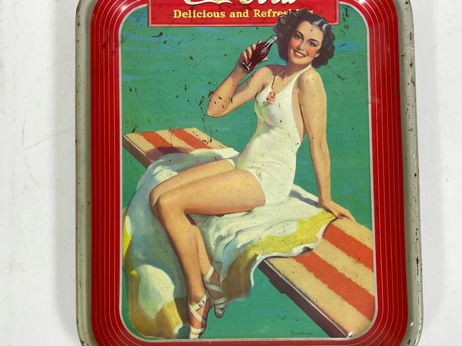Vintage 1939 Coca-Cola Metal Litho Serving Tray Featuring A Girl Sitting On A Pool Diving Board Drinking Coke From The American Art Works Inc 13W X 10.5H [Photo 5]