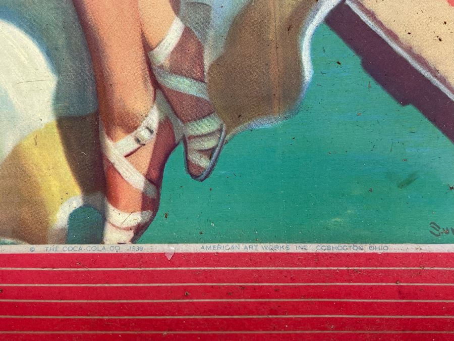 Vintage 1939 Coca-Cola Metal Litho Serving Tray Featuring A Girl Sitting On A Pool Diving Board Drinking Coke From The American Art Works Inc 13W X 10.5H [Photo 9]