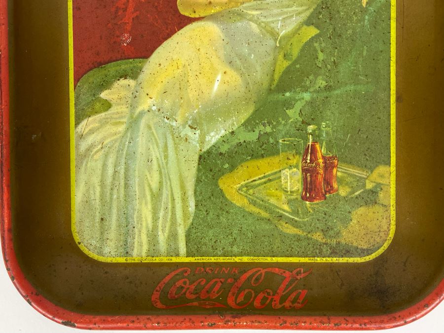 Vintage 1936 Coca-Cola Metal Litho Serving Tray Featuring A Girl Sitting In An Evening Gown Drinking Coke From The American Art Works Inc 13W X 10.5H [Photo 6]
