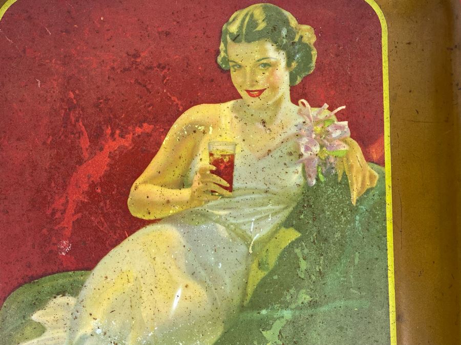 Vintage 1936 Coca-Cola Metal Litho Serving Tray Featuring A Girl Sitting In An Evening Gown Drinking Coke From The American Art Works Inc 13W X 10.5H [Photo 5]