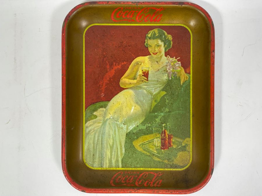 Vintage 1936 Coca-Cola Metal Litho Serving Tray Featuring A Girl Sitting In An Evening Gown Drinking Coke From The American Art Works Inc 13W X 10.5H [Photo 3]