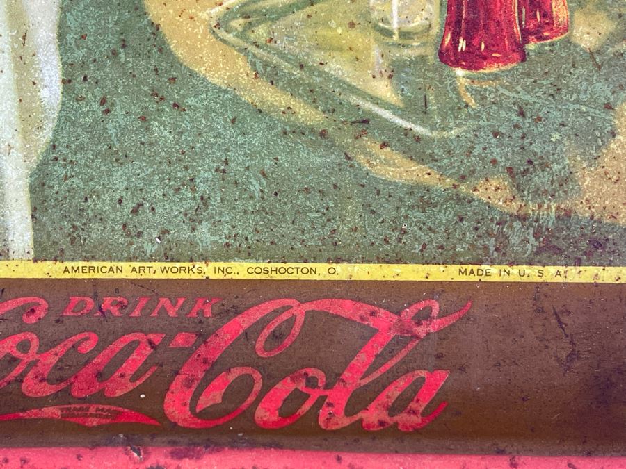 Vintage 1936 Coca-Cola Metal Litho Serving Tray Featuring A Girl Sitting In An Evening Gown Drinking Coke From The American Art Works Inc 13W X 10.5H [Photo 9]