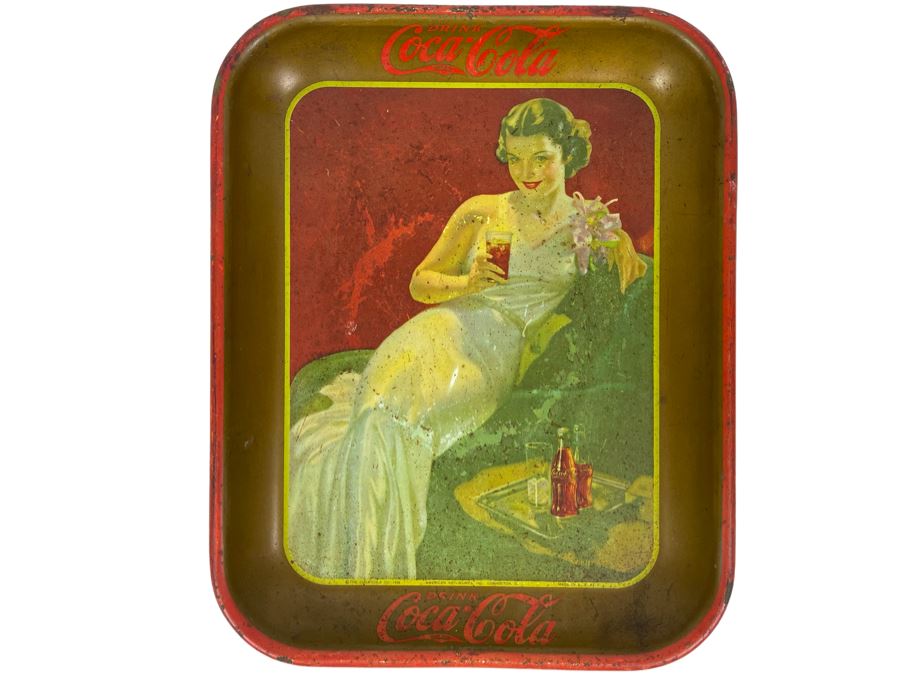 Vintage 1936 Coca-Cola Metal Litho Serving Tray Featuring A Girl Sitting In An Evening Gown Drinking Coke From The American Art Works Inc 13W X 10.5H [Photo 1]
