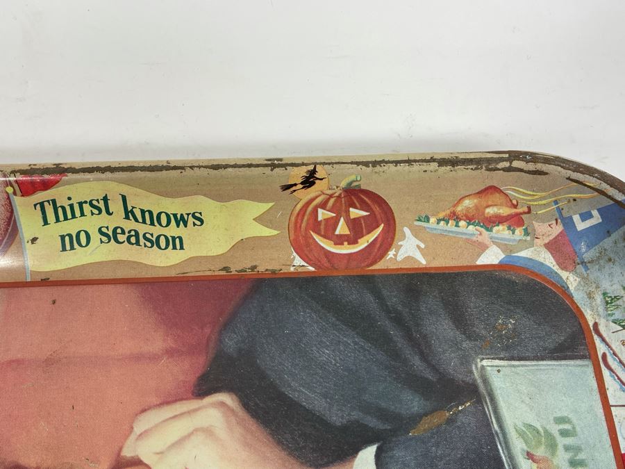 Vintage 1950s Coca-Cola Metal Litho Serving Tray Featuring A Smiling Girl Drinking Coke 'Have A Coke Thirst Knows No Season' 13W X 10.5H	 [Photo 7]