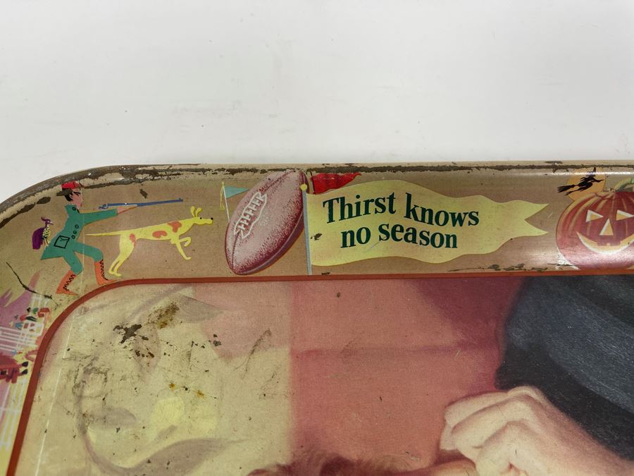 Vintage 1950s Coca-Cola Metal Litho Serving Tray Featuring A Smiling Girl Drinking Coke 'Have A Coke Thirst Knows No Season' 13W X 10.5H	 [Photo 6]