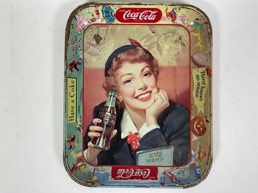 Vintage 1950s Coca-Cola Metal Litho Serving Tray Featuring A Smiling Girl Drinking Coke 'Have A Coke Thirst Knows No Season' 13W X 10.5H	 [Photo 3]