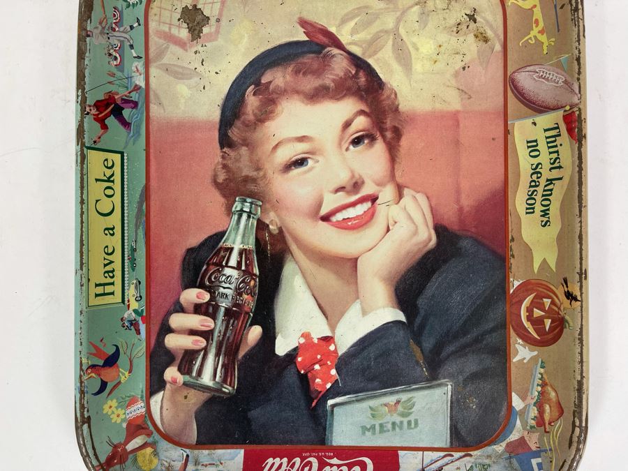 Vintage 1950s Coca-Cola Metal Litho Serving Tray Featuring A Smiling Girl Drinking Coke 'Have A Coke Thirst Knows No Season' 13W X 10.5H	 [Photo 4]