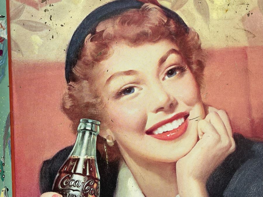 Vintage 1950s Coca-Cola Metal Litho Serving Tray Featuring A Smiling Girl Drinking Coke 'Have A Coke Thirst Knows No Season' 13W X 10.5H	 [Photo 15]