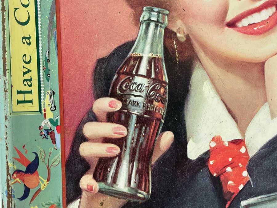 Vintage 1950s Coca-Cola Metal Litho Serving Tray Featuring A Smiling Girl Drinking Coke 'Have A Coke Thirst Knows No Season' 13W X 10.5H	 [Photo 14]