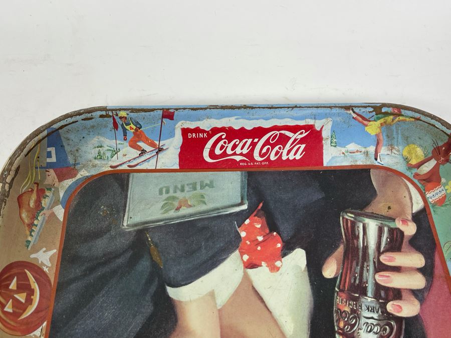 Vintage 1950s Coca-Cola Metal Litho Serving Tray Featuring A Smiling Girl Drinking Coke 'Have A Coke Thirst Knows No Season' 13W X 10.5H	 [Photo 8]