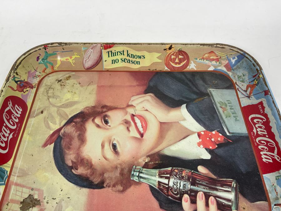 Vintage 1950s Coca-Cola Metal Litho Serving Tray Featuring A Smiling Girl Drinking Coke 'Have A Coke Thirst Knows No Season' 13W X 10.5H	 [Photo 5]
