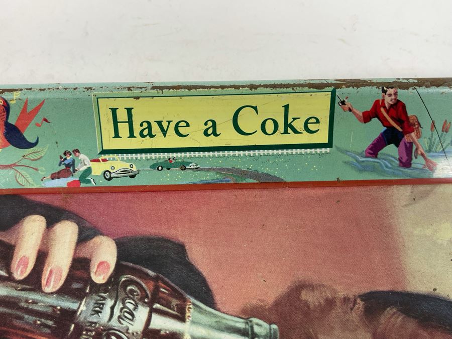 Vintage 1950s Coca-Cola Metal Litho Serving Tray Featuring A Smiling Girl Drinking Coke 'Have A Coke Thirst Knows No Season' 13W X 10.5H	 [Photo 10]