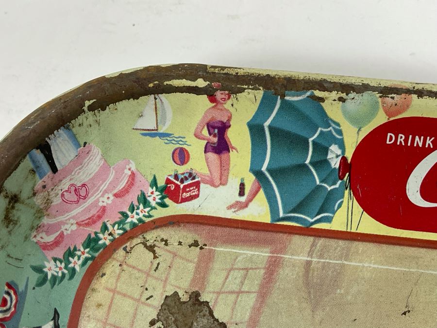 Vintage 1950s Coca-Cola Metal Litho Serving Tray Featuring A Smiling Girl Drinking Coke 'Have A Coke Thirst Knows No Season' 13W X 10.5H	 [Photo 13]