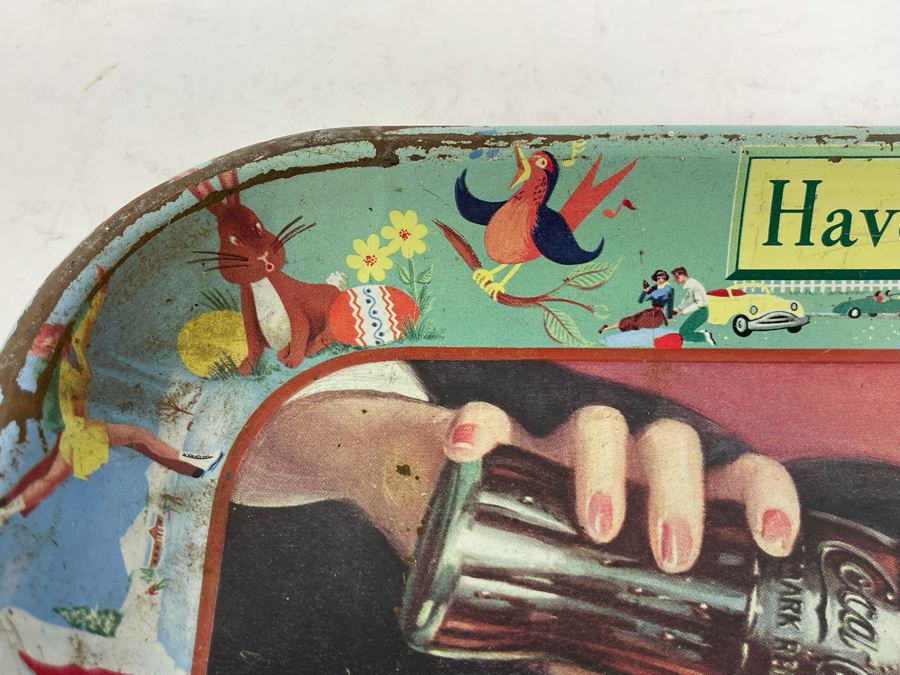 Vintage 1950s Coca-Cola Metal Litho Serving Tray Featuring A Smiling Girl Drinking Coke 'Have A Coke Thirst Knows No Season' 13W X 10.5H	 [Photo 9]