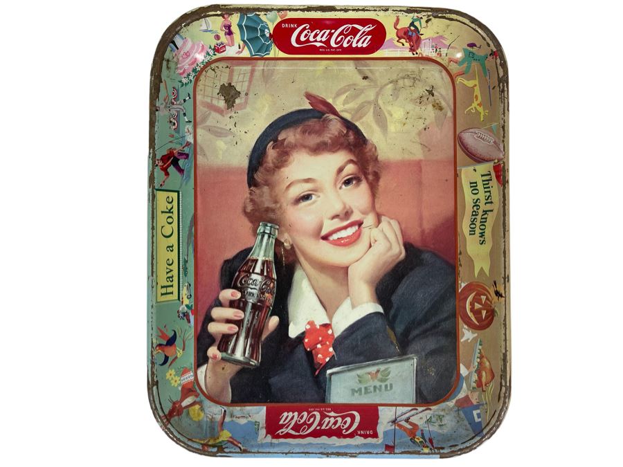 Vintage 1950s Coca-Cola Metal Litho Serving Tray Featuring A Smiling Girl Drinking Coke 'Have A Coke Thirst Knows No Season' 13W X 10.5H	 [Photo 1]