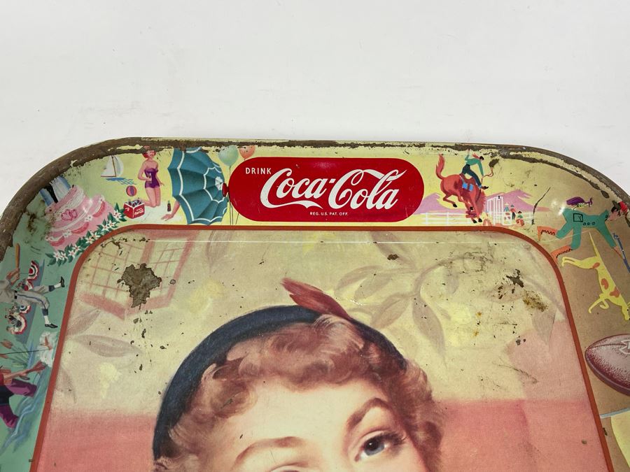 Vintage 1950s Coca-Cola Metal Litho Serving Tray Featuring A Smiling Girl Drinking Coke 'Have A Coke Thirst Knows No Season' 13W X 10.5H	 [Photo 12]