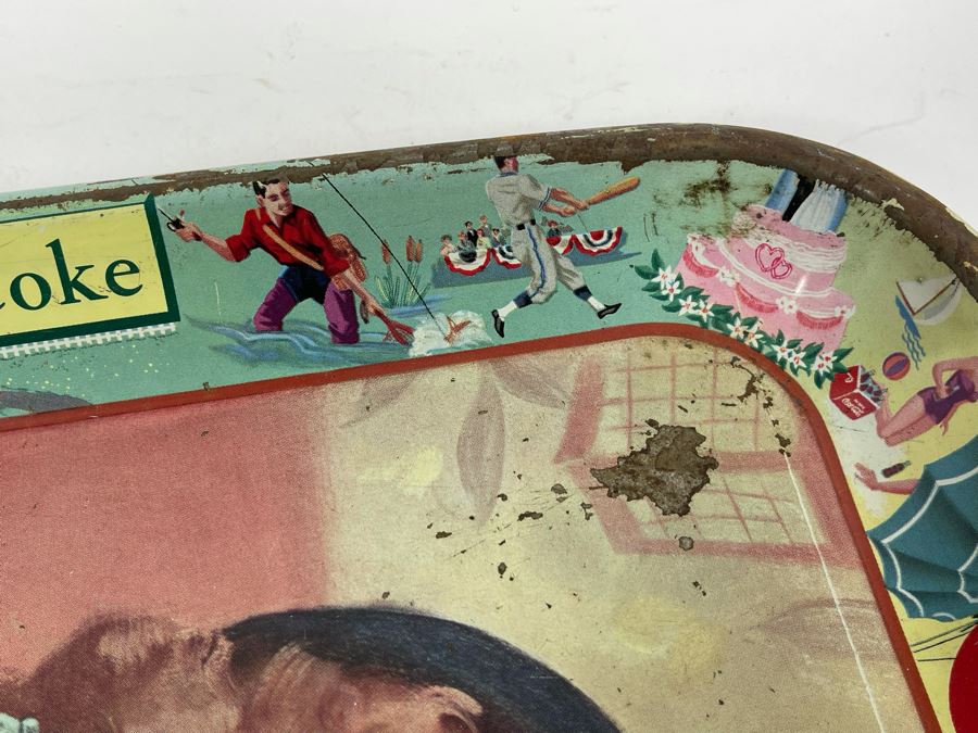 Vintage 1950s Coca-Cola Metal Litho Serving Tray Featuring A Smiling Girl Drinking Coke 'Have A Coke Thirst Knows No Season' 13W X 10.5H	 [Photo 11]