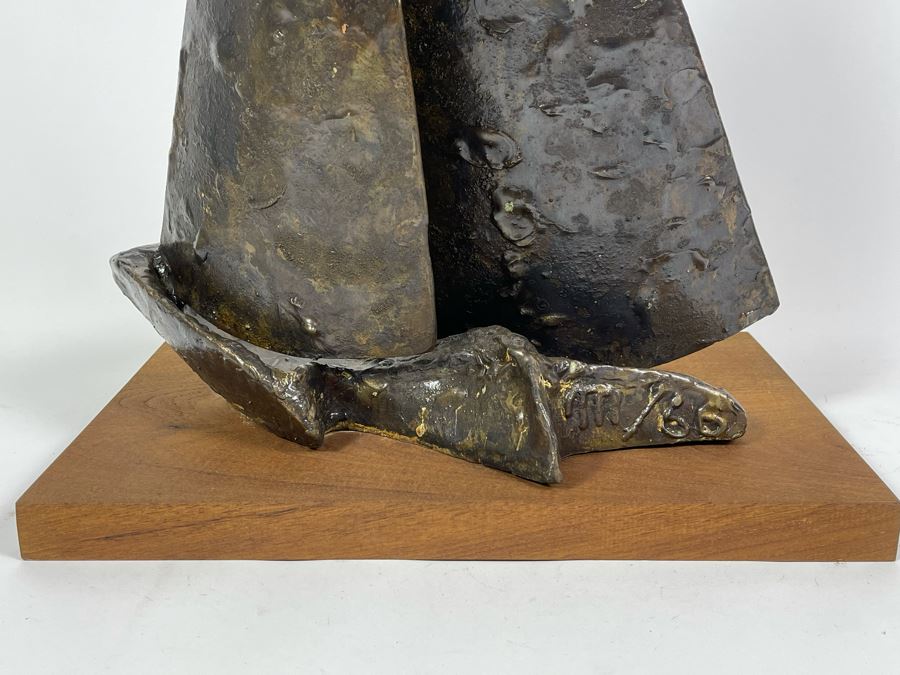 Large Abstract Mid-Century Bronze Sailboat Sculpture On Wooden Base Signed M/66 18W X 12D X 24.5H [Photo 13]